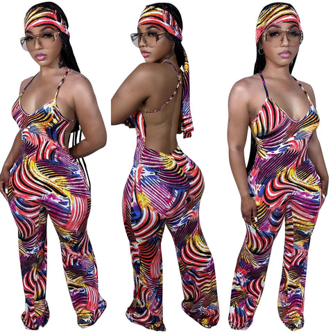 Women's Print Backless Long Conjoined Trousers With Jumpsuits