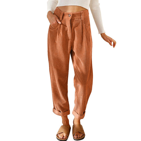 Women's Autumn High Waist Casual Solid Color Corduroy Loose Pants