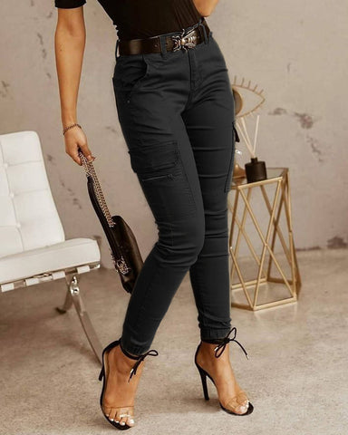 Pantalon à bandes à la cheville pour femmes, bouton de taille, couleur unie, poche