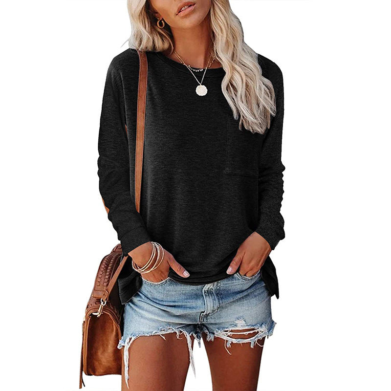 Women's Round Neck Pocket Long Sleeve Casual Loose Tops