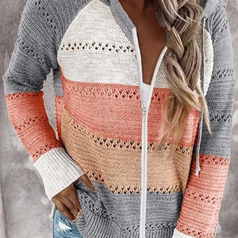 Women's Hooded Knitted Color Matching Hollow Out Knitwear