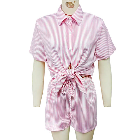 Women's Summer Lapel Casual Striped Short-sleeved Two-piece Suits
