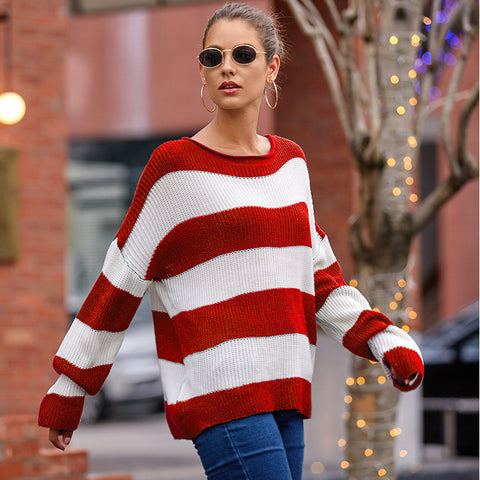 Women's Curling With Round Neck Striped Color Knitwear