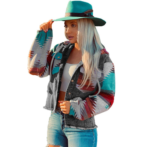 Women's Western Style Denim Stitching Hooded Printed Jackets