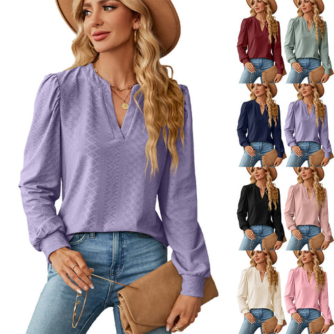 Women's Solid Color And Jacquard Long Sleeve Blouses