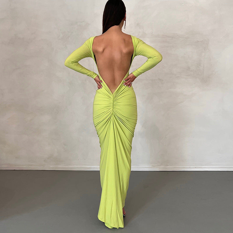 Solid Color Sexy Backless Pleated Long Dresses