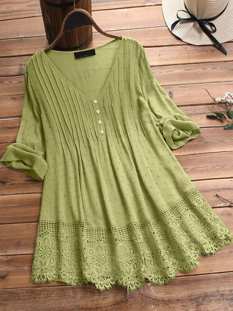 Women's Summer Pleated Lace Hollow Out V-neck Blouses