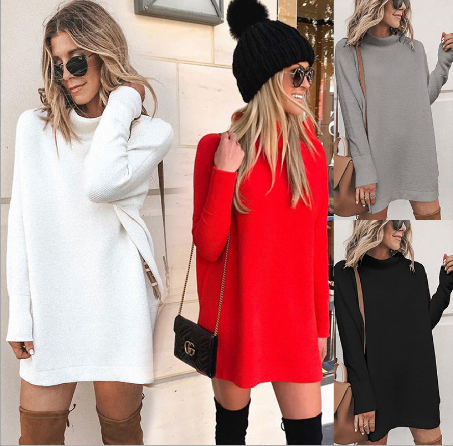 Women's Long Sleeve Solid Color Round Neck Knitted Dresses