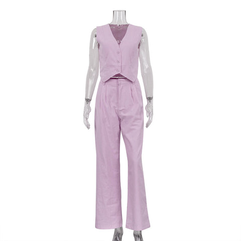 Women's Cotton Linen Sleeveless Waistcoat Trousers Two-piece Set Female Suits