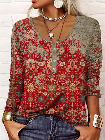 Women's Long-sleeved Printed Ethnic Fashion T-shirt Blouses