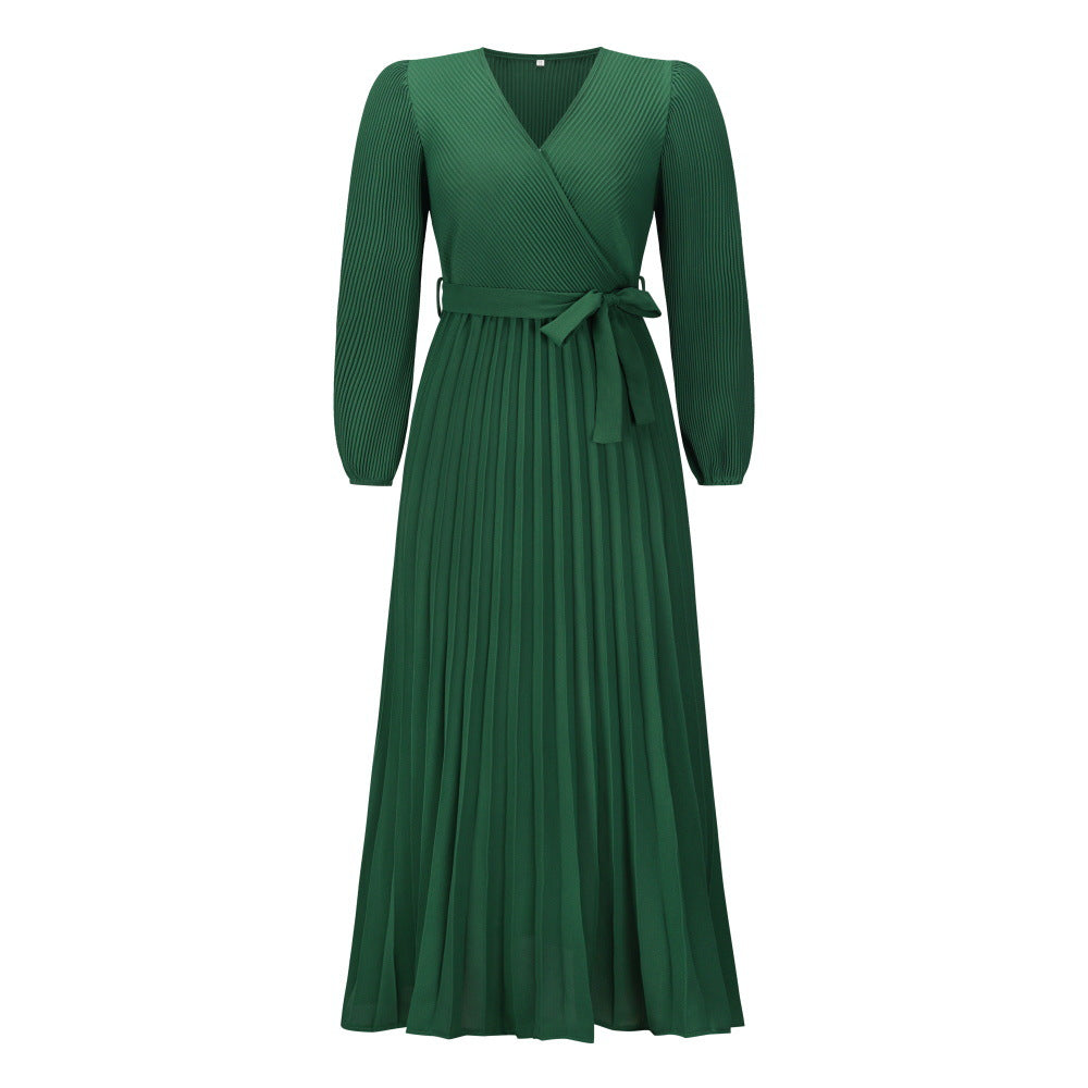 Women's Mid-length V-neck Long-sleeved Pleated Dress Dresses