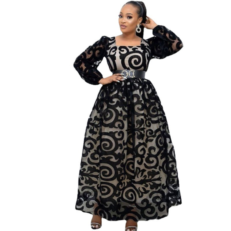 Large Mesh Elegant Black Waistline Printed Dresses