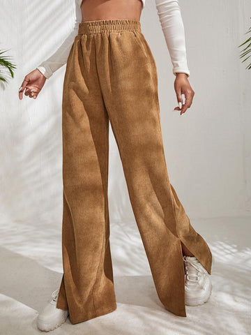 Women's Waist Casual Solid Color Corduroy Stitching Slits Pants