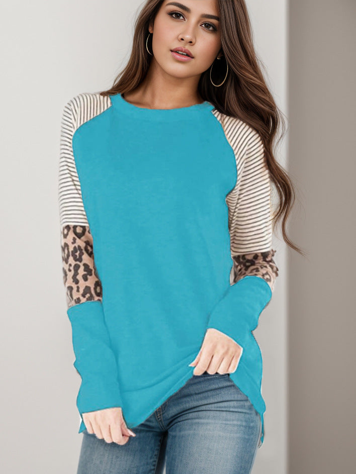 Women's Color Matching Striped Crew Neck Long Blouses