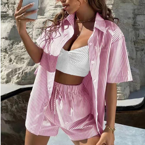 Women's Summer Lapel Casual Striped Short-sleeved Two-piece Suits