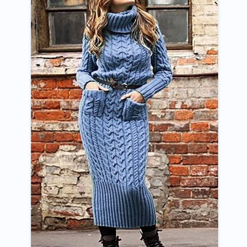 Women's Long-sleeved Lapel Pullover Pocket Knitted Dress Coats