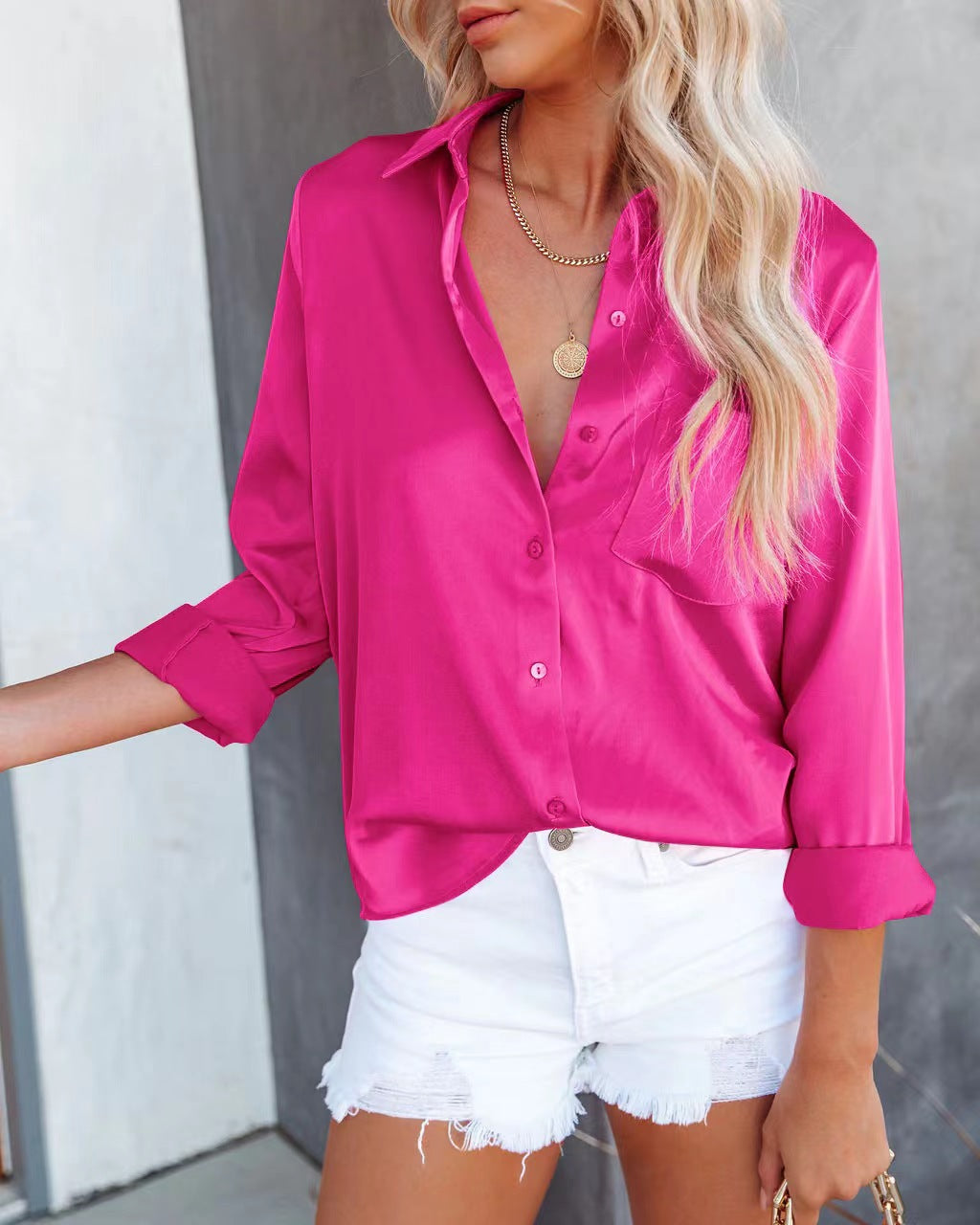 Women's Spring Acetate Satin Solid Color Long-sleeved Blouses
