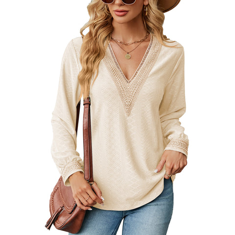 Women's Lace Patchwork Loose Long-sleeved T-shirt Blouses