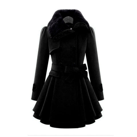 Women's Mid-length Woolen Double-breasted Padded Fur Collar Coats