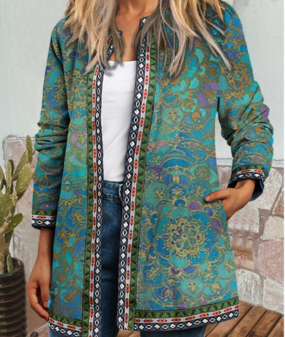 Damen-Jacken im Retro-Ethno-Stil mit Blumendruck und langen Ärmeln