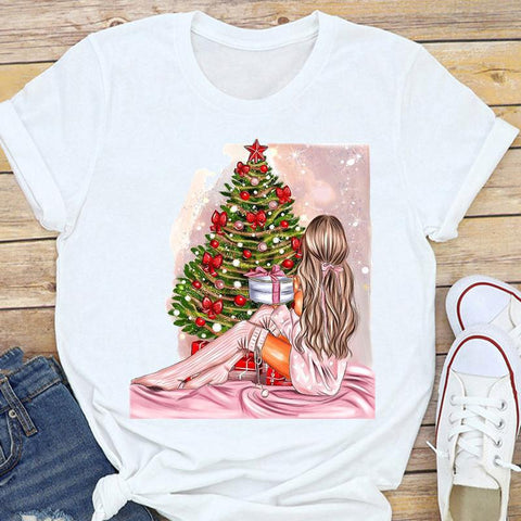 Women's Happy Tree Santa Claus Half Sleeve Blouses
