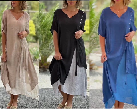 Women's Fashion Sleeve Fake Two-piece Asymmetric Dress Dresses