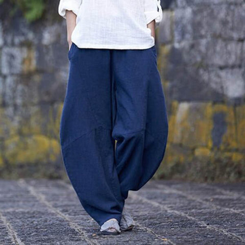 Damen-Hose aus Leinen mit lockerer, lässiger Naht und einfarbiger Farbe