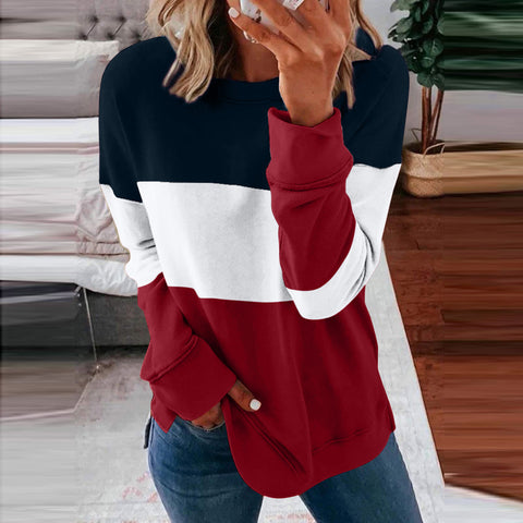 Women's Color Matching Contrast Casual Loose Pullover Blouses