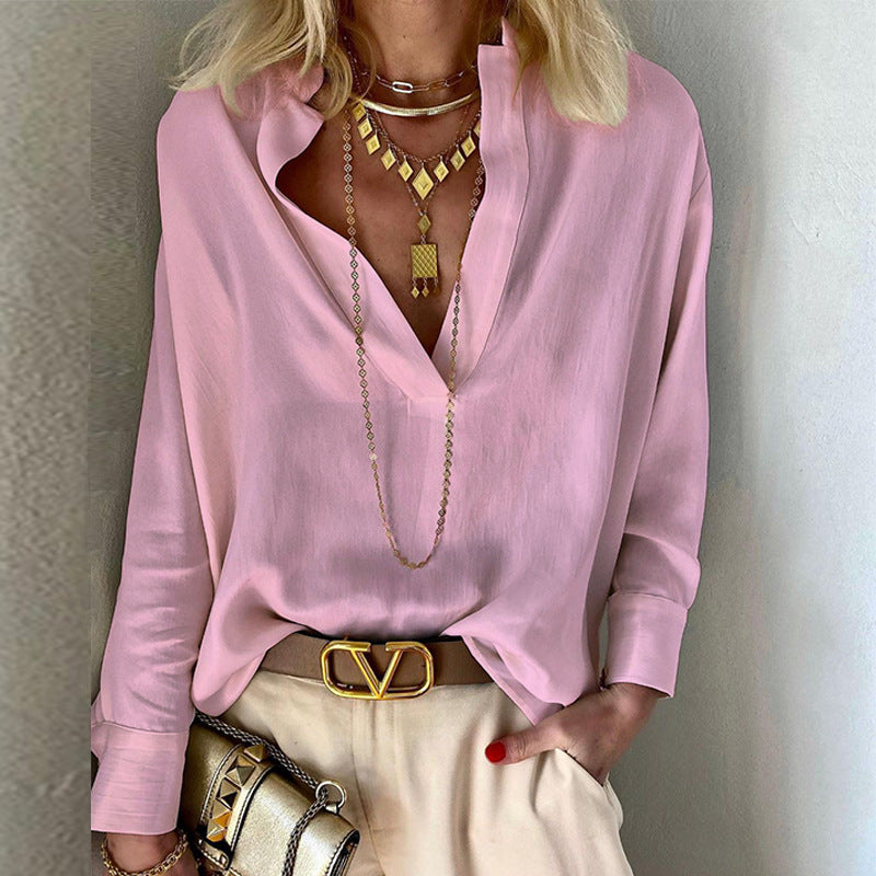 Women's Spring Solid Color Collar Long Sleeve Blouses
