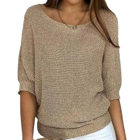 Women's Color Round Neck Commuter Elegant Cropped Sleeves Sweaters