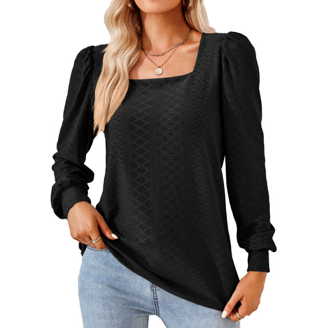 Women's Color Square Collar Jacquard Long Sleeve Tops