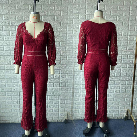 Women's Four-color Sleeve High Waist Slimming Lace Jumpsuits