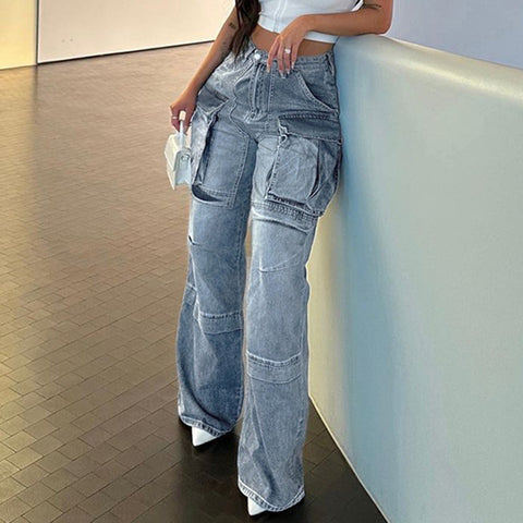Hipster Symmetrical Pocket Split Loose Washed-out Jeans