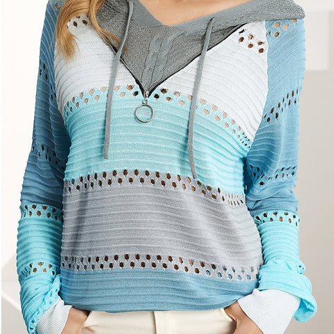 Women's Hooded Knitted Pullover Striped Color Matching Knitwear