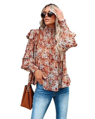 Women's Autumn Pleated Turtleneck Small Floral Print Tops