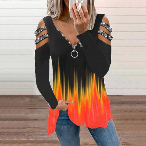 Women's Flame Zipper Pullover Rhinestone Long Sleeve Blouses