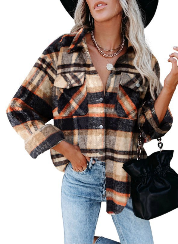 Women's Plaid Shirt Woolen Flannel Breasted Blouses