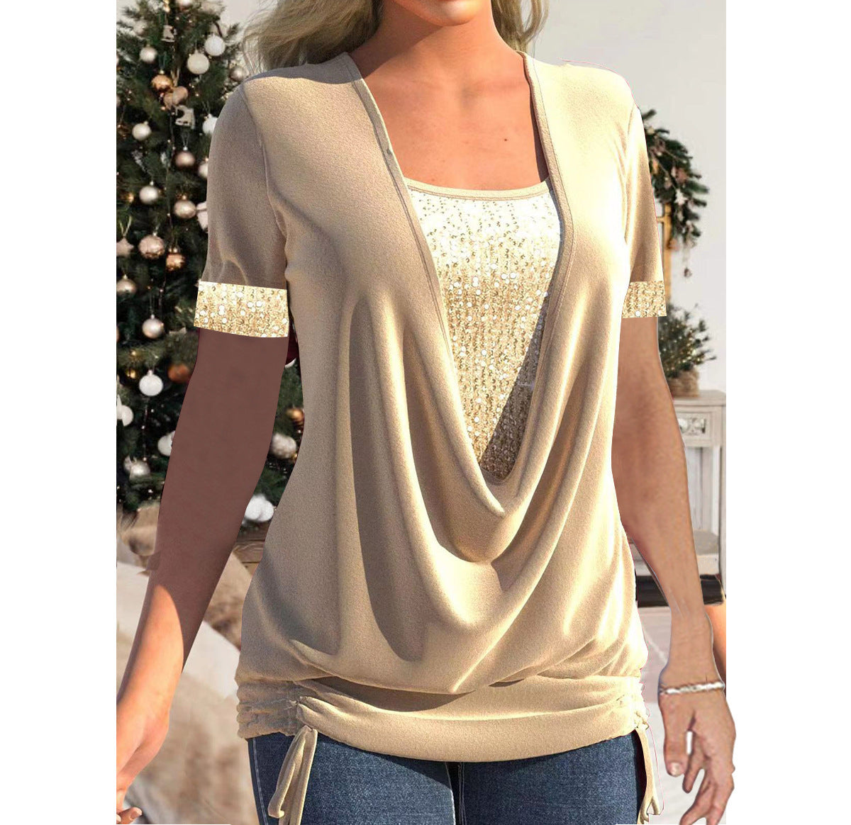 Women's Sequin Contrast Solid Color Short-sleeved Large Drop Collar Loose Blouses