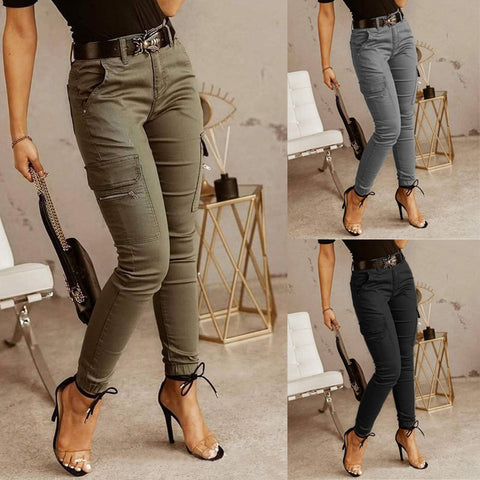 Women's Waist Button Solid Color Pocket Ankle Banded Pants