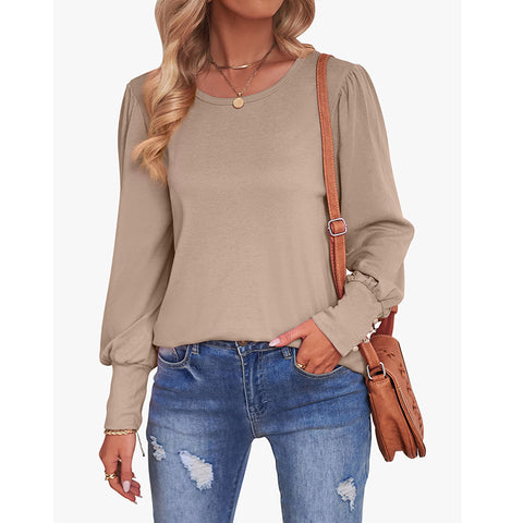 Women's Bubble Sleeve Round Neck Loose Casual Blouses