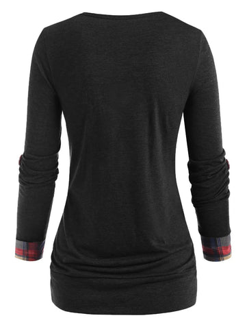 Plaid Solid Color Long Sleeve T-shirt Blouses