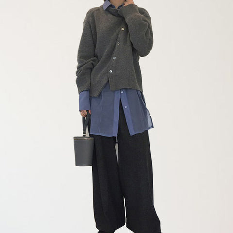 Women's Spring Korean Style Oblique Buckle Irregular Design Lazy Round Knitwear