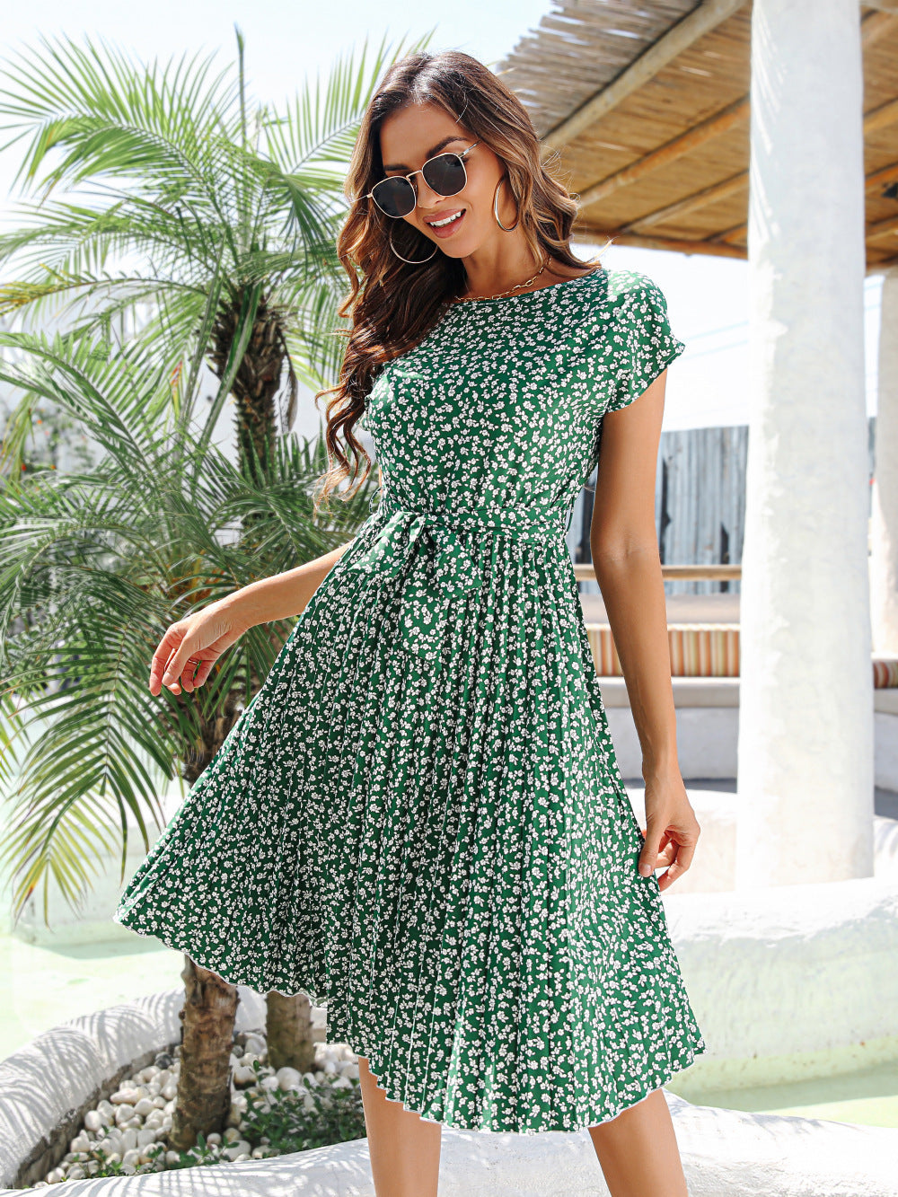 Summer Casual Sleeve Floral Dress Pleated Dresses