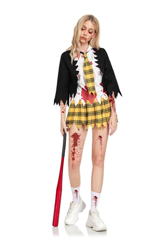 Costumes de robe de campus d'horreur sanglante de zombie pour femme adulte