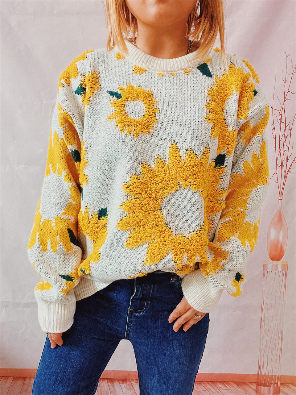 Women's Sunflower Jacquard Round Neck Long Sleeve Sweaters