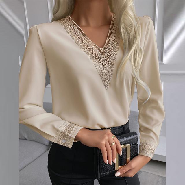 Women's Autumn Solid Color Long-sleeved V-neck Shirts Blouses