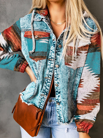 Women's Western Style Denim Stitching Hooded Printed Jackets