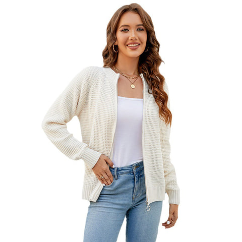 Women's Solid Color Zipped Round Neck Cardigans