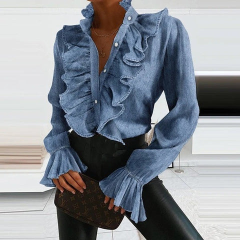 Damen-Sommer-Blusen mit Rüschen, ausgestellten Ärmeln, plissiert