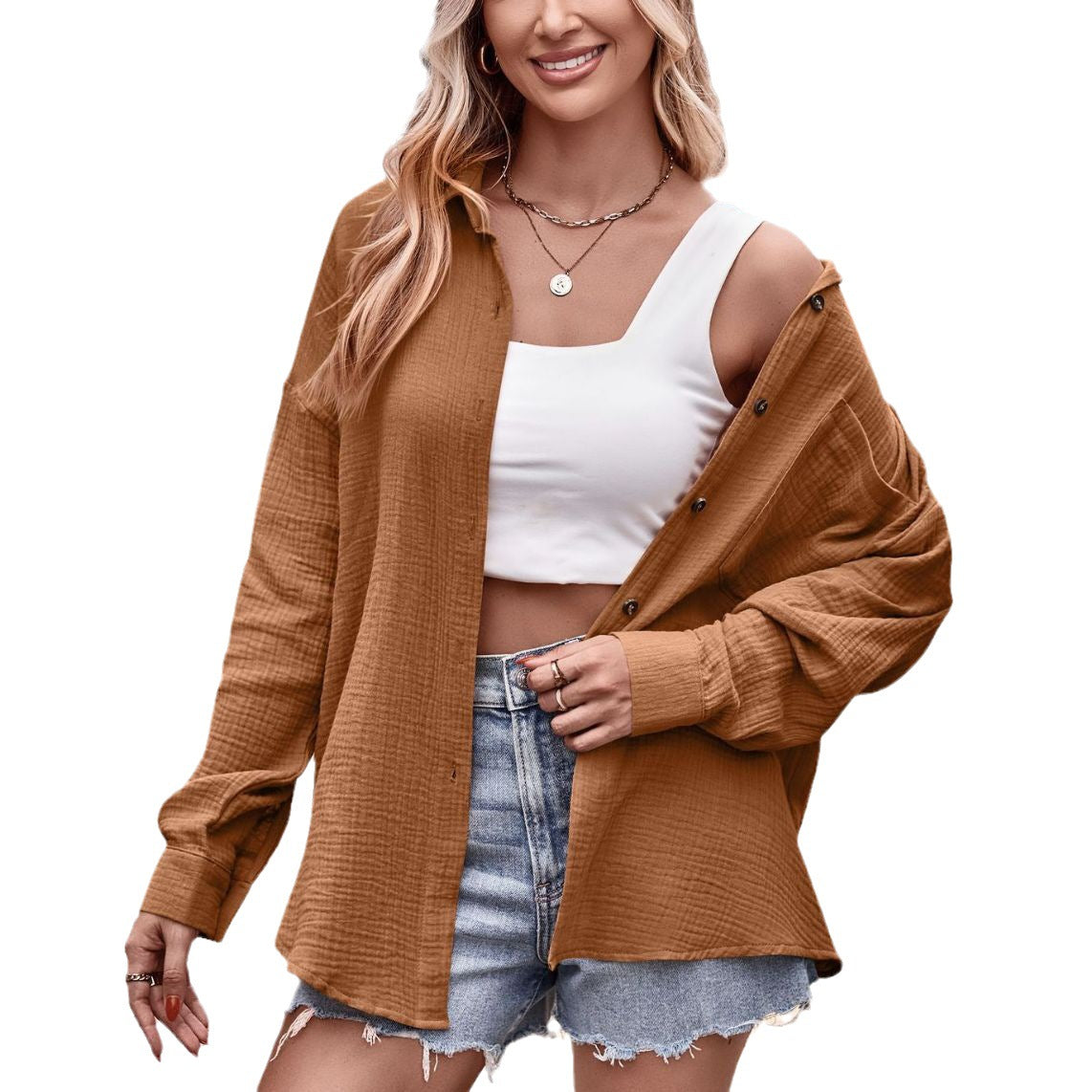 Women's Fashion Pocket Loose Long Sleeve Solid Blouses